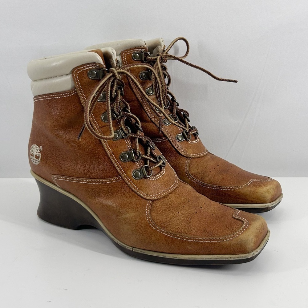 Vintage Timberland Brown Leather Wedge Lace Up Square Toe Ankle Booties Size 7.5